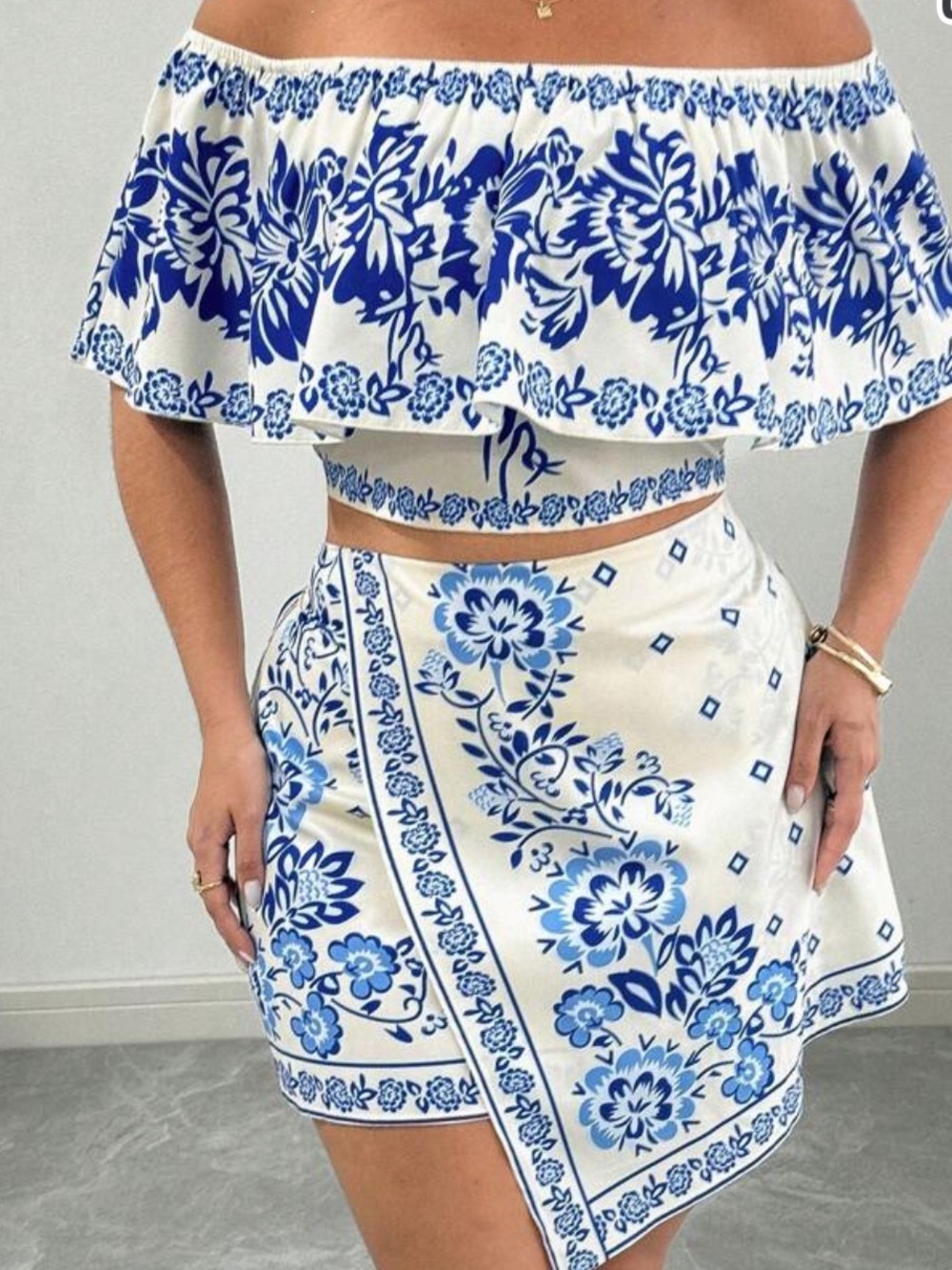 Blue Floral Off-Shoulder Wrap Skirt - Women